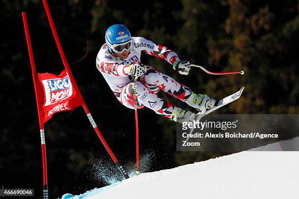 Georg Streitberger of Austria takes 3rd place during the Audi FIS Alpine Ski World Cup Finals Men's Downhill on March 18, 2015 in Meribel, France.