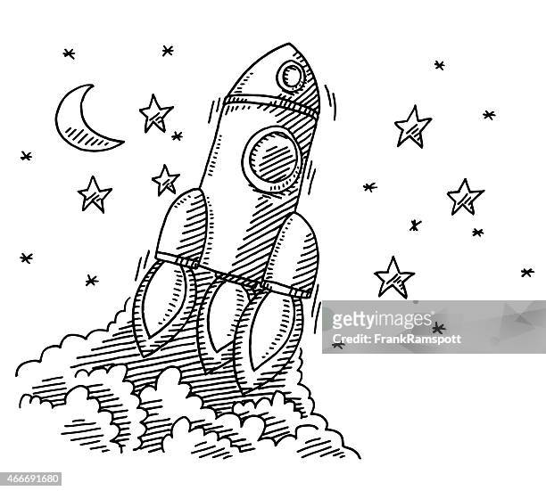 aufsteigender rocket raumschiff zeichnung - moon drawing stock-grafiken, -clipart, -cartoons und -symbole