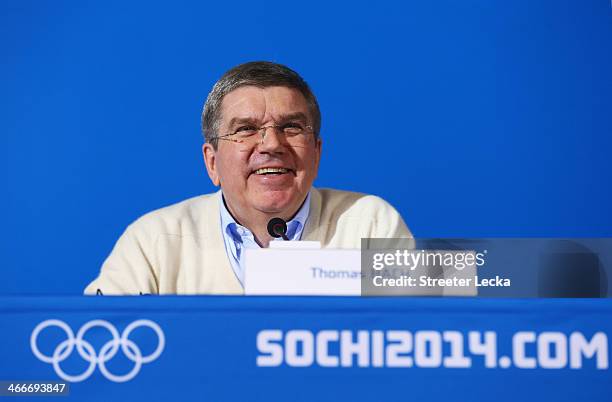 International Olympic Committee President Thomas Bach attends a press conference ahead of the Sochi 2014 Winter Olympics at the Main Press Centre in...