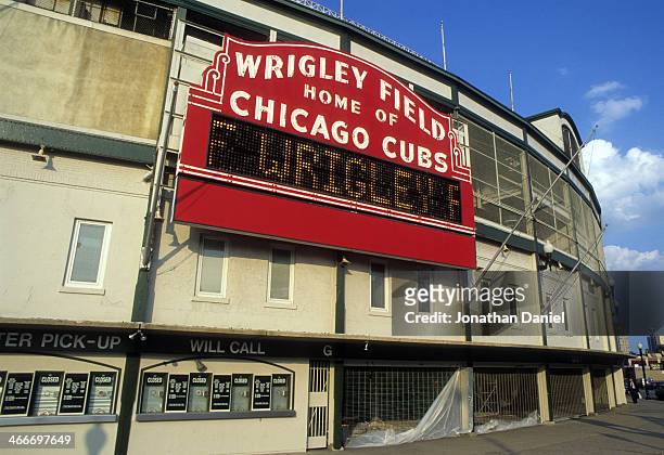 General view of the marquee at Wrigley Field as baseball for the first time in modern history cancelled a World Series because of a labor dispute in...