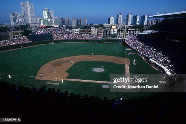General view as the Chicago Cubs take on the Philadelphia Phillies circa 1980's at Wrigley Field in Chicago, Illinois.