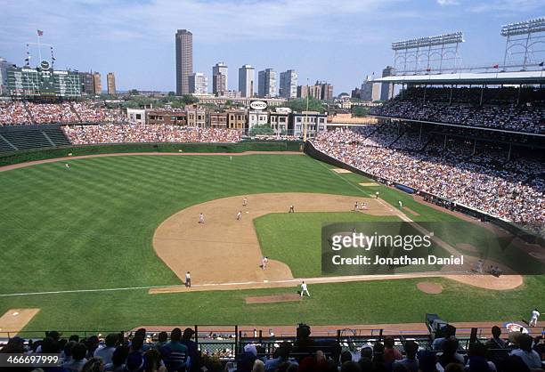 General view as the Chicago Cubs play against the New York Mets in June, 1989 at Wrigley Field in Chicago, Illinois.