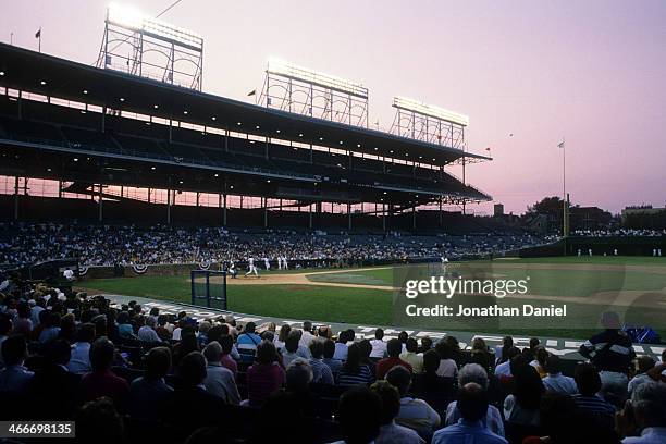 General view of Wrigley Field as the Chicago Cubs take batting practice for the first time during a night game at Wrigley Field on August 8, 1988 in...