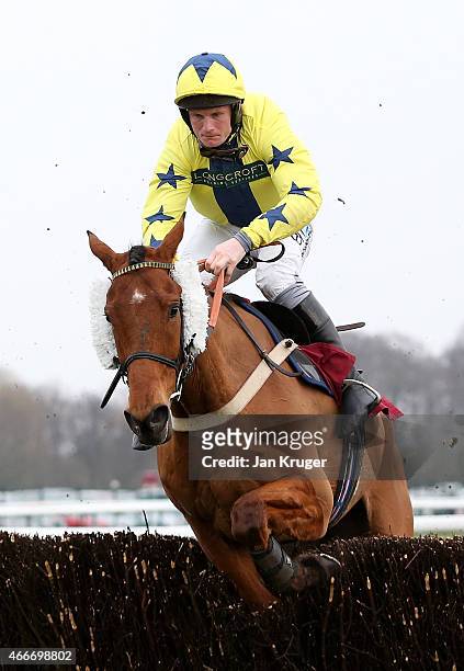 Winner Red Admirable ridden by Charlie Poste jumps the last in the ApolloBet Best Odds Guaranteed Handicap Steeple Chase during Irish day at Haydock...