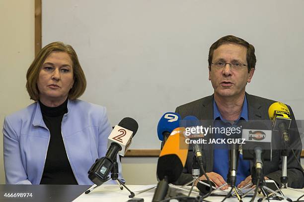 Israeli co-leaders of the Zionist Union party, Labour Party's leader Isaac Herzog and MP and HaTnuah party's leader Tzipi Livni give a joint press...