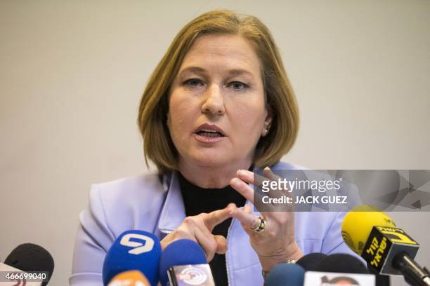 Israeli co-leader of the Zionist Union party and Labour Party's leader, MP and HaTnuah party's leader Tzipi Livni speaks during a joint press...