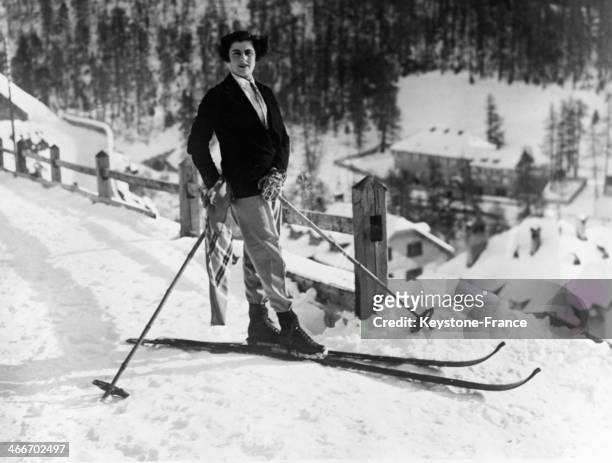 Circa 1930: Tennis star Senorita D Alvarez is skiing, circa 1930 in Saint- Moritz, Switzerland.