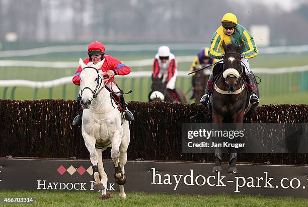 Carrighoun ridden by Michael McAlister jumps the last to win from Galway Jack ridden by Andrew Thornton in the ApolloBet Free Download App Handicap...