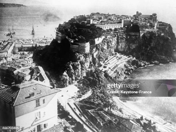 View of Monaco and the Rock with the Prince's Palace in the centre, and the Oceanographic Museum on the right hand corner in January 1929 in Monaco.