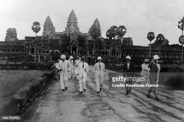 Paul Reynaud, French Minister of the Colonies, visits the ruins of Angkor Wat temple in 1931 in Cambodia.