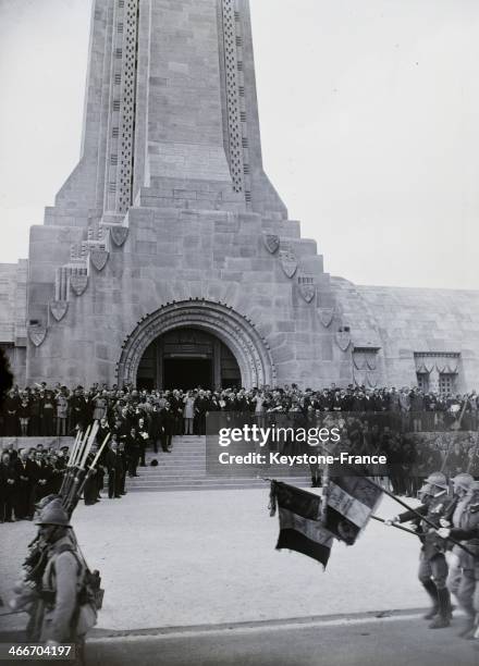 Circa 1930: French President Albert Lebrun on an official visit of the Douaumont Ossuary gathering the remains of soldiers killed during the First...