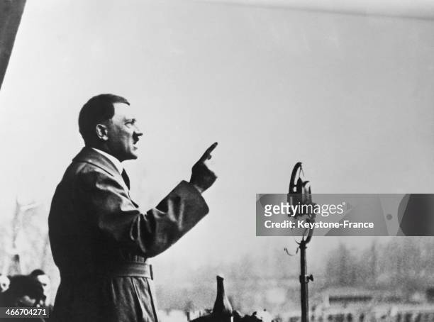 Adolf Hitler, winner of the Prussian and Bavarian elections, giving a speech, in May 1928, in Germany.