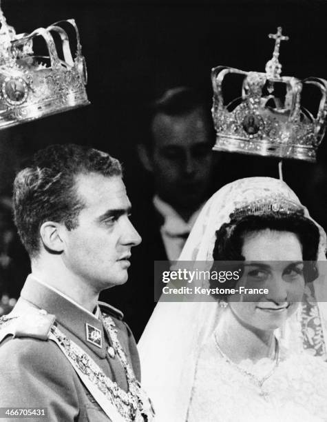 Prince Juan Carlos of Spain and Princess Sofia of Greece during their wedding ceremony on May 14, 1962 in Athens, Greece.