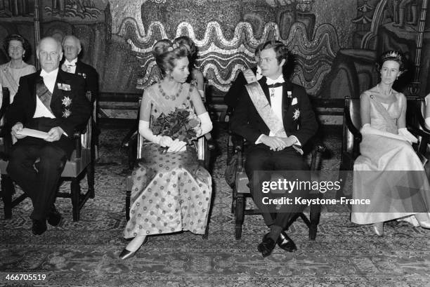 Princess Christina and Crownprince Carl Gustaf of Sweden attend an official event as part of their royal duty on March 14, 1970.