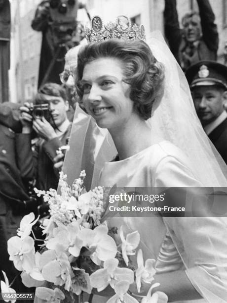 Princess Desiree of Sweden on her wedding day is arriving at Stockholm Cathedral for the religious ceremony on June 05, 1964 in Stockholm, Sweden.