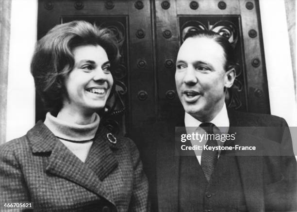 Princess Margaretha of Sweden and her fiance John Ambler in front of his house on April 05, 1964 in London, United Kingdom.