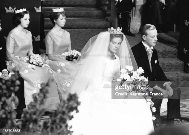 Princess Birgitta of Sweden and her groom Prince Johann of Hohenzollern during their religious wedding ceremony on July 30, 1961 in Sigmaringen,...