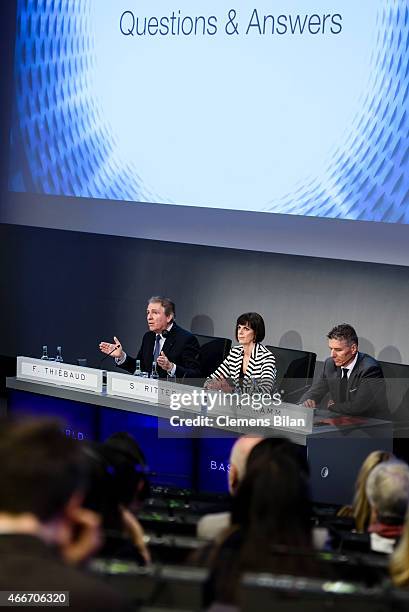 Francois Thiebaud, Sylvie Ritter and Rene Kamm attend the opening press conference at the Baselworld 2015 on March 18, 2015 in Basel, Switzerland.