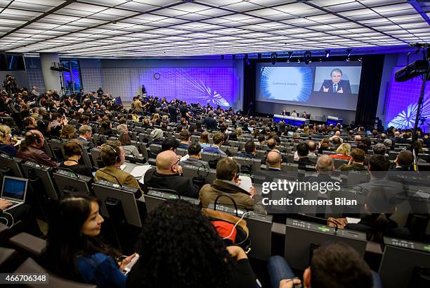 Francois Thiebaud, Sylvie Ritter and Rene Kamm attend the opening press conference at the Baselworld 2015 on March 18, 2015 in Basel, Switzerland.