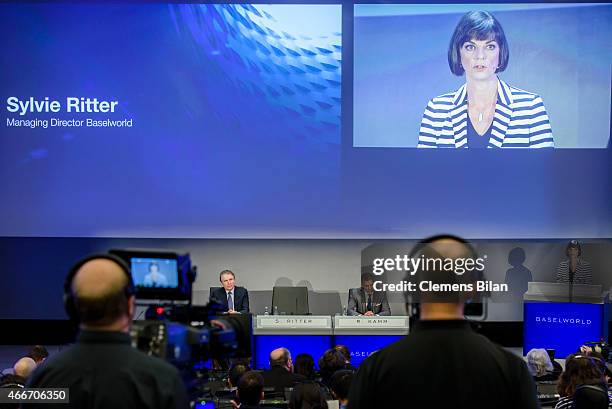 Francois Thiebaud, Sylvie Ritter and Rene Kamm attend the opening press conference at the Baselworld 2015 on March 18, 2015 in Basel, Switzerland.