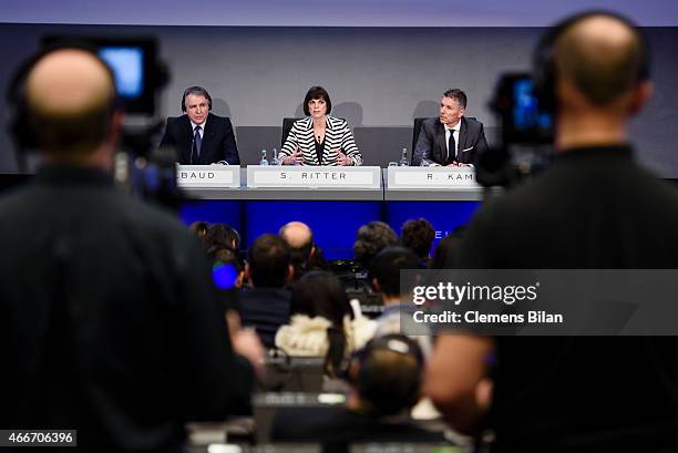 Francois Thiebaud, Sylvie Ritter and Rene Kamm attend the opening press conference at the Baselworld 2015 on March 18, 2015 in Basel, Switzerland.