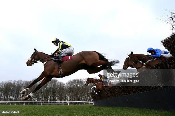 Three Face West ridden by James Cowley wins the ApolloBet In Play Betting ÒFixed BrushÓ NovicesÕ Hurdle Race during Irish day at Haydock Races on...