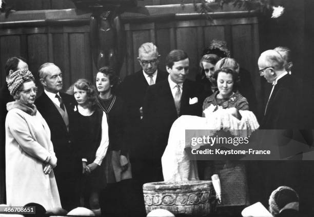 Christening of young Prince Willem Alexander with his grandmother Queen Juliana on left and parents Prince Claus and Princess Beatrix in 1967 in...