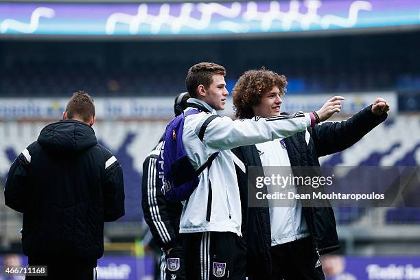 The Anderlecht players prior to the UEFA Youth League quarter final match between RSC Anderlecht and FC Porto at Constant Vanden Stock Stadium on...