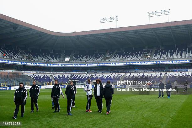 The Anderlecht players stand on the ground prior to the UEFA Youth League quarter final match between RSC Anderlecht and FC Porto at Constant Vanden...