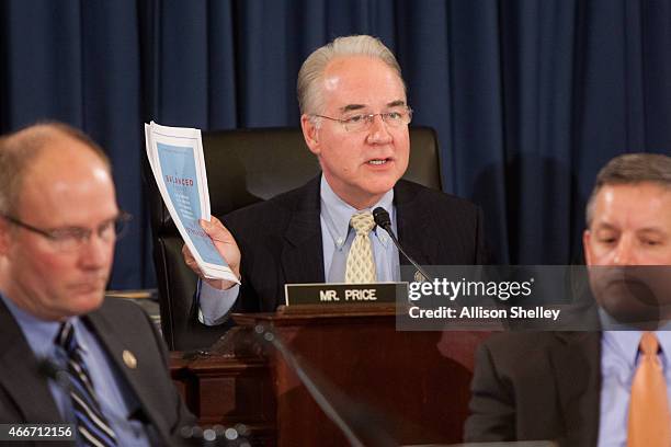 Committee chair Rep. Tom Price speaks during a U.S. House Budget Committee markup on the Concurrent Resolution on the Budget for FY 2016 on Capitol...