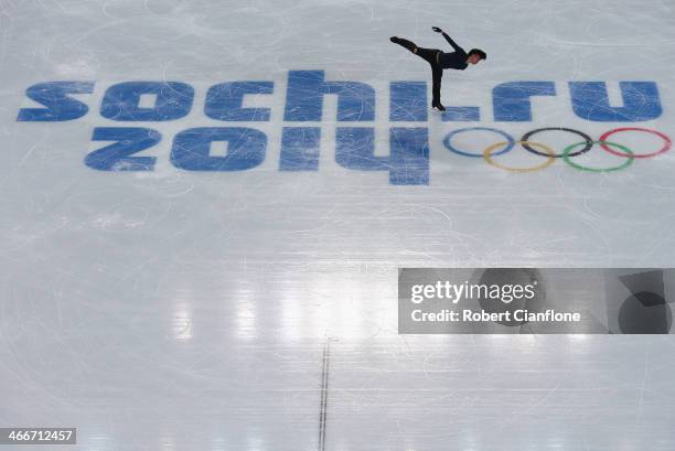 Tatsuki Machida of Japan in action during a figure skating training session at Iceberg Skating Palace on February 3, 2014 in Sochi, Russia.