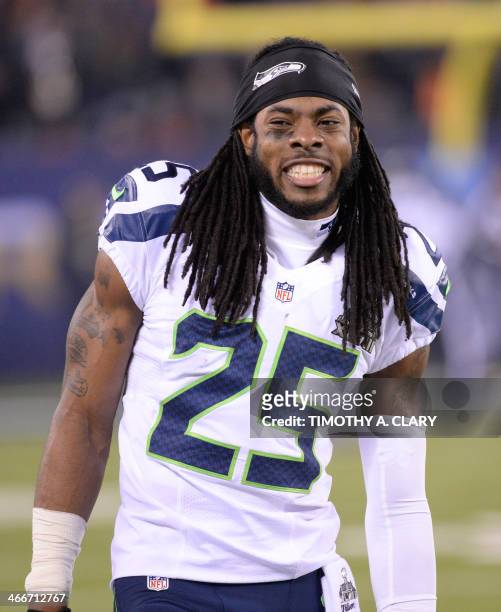 Cornerback Richard Sherman of the Seattle Seahawks is seen during Super Bowl XLVIII against the Denver Broncos at MetLife Stadium in East Rutherford,...