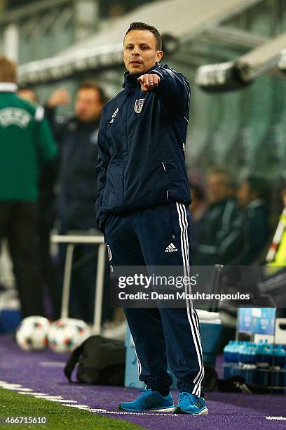 Anderlecht Head Coach / Manager, Mohamed Ouahbi gives his players instructions during the UEFA Youth League quarter final match between RSC...