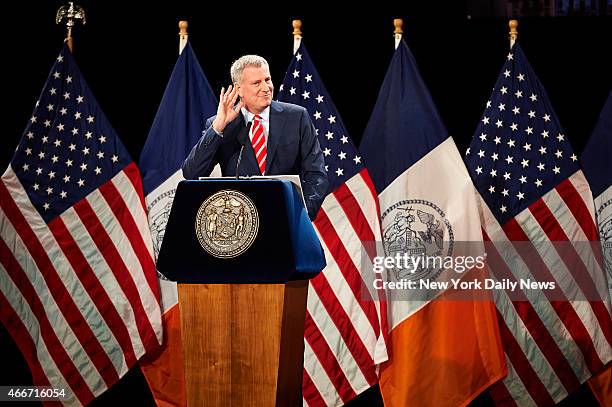 New York City Mayor Bill de Blasio delivers his State of the City speech at Baruch College on Monday, Feb. 2, 2015 in New York, N.Y.