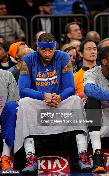 New York Knicks forward Carmelo Anthony on bench 4th quarter, New York Knicks vs. Boston Celtics at Madison Square Garden.