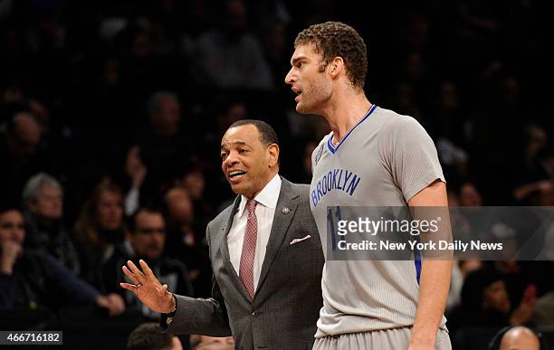 Brooklyn Nets head coach Lionel Hollins with Brooklyn Nets center Brook Lopez 2nd quarter, Brooklyn Nets vs. Chicago Bulls at Barclays Center,...