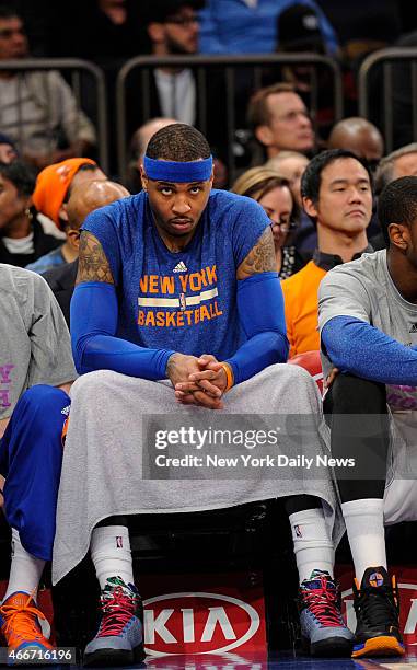 New York Knicks forward Carmelo Anthony on bench 4th quarter, New York Knicks vs. Boston Celtics at Madison Square Garden.