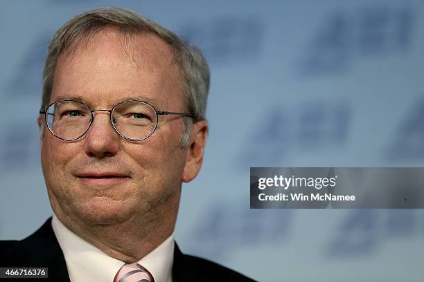 Google Executive Chairman Eric Schmidt speaks at the American Enterprise Institute March 18, 2015 in Washington, DC. Schmidt took part in a...