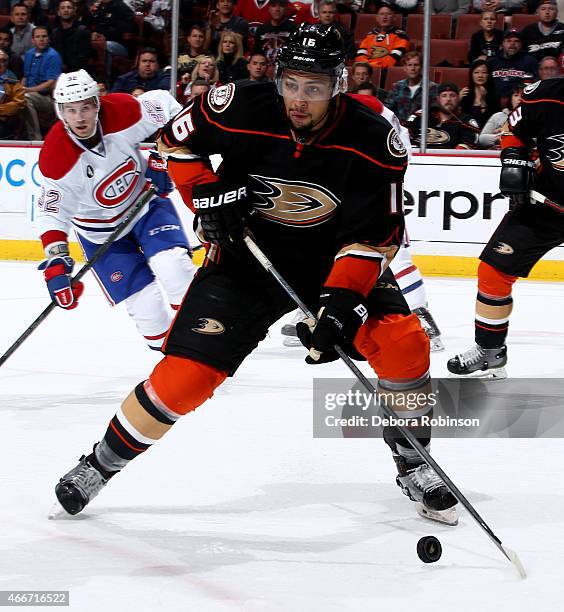Emerson Etem of the Anaheim Ducks handles the puck against the Montreal Canadiens on March 4, 2015 at Honda Center in Anaheim, California.