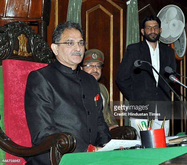 Newly elected speaker Kavinder Gupta during a first day of budget session of Jammu and Kashmir legislator assembly on March 18, 2015 in Jammu, India....
