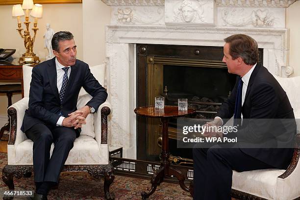 Secretary General Anders Fogh Rasmussen meets with British Prime Minister David Cameron at 10 Downing Street on February 3, 2014 in London, England....