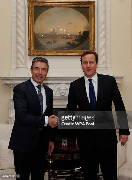 Secretary General Anders Fogh Rasmussen meets with British Prime Minister David Cameron at 10 Downing Street on February 3, 2014 in London, England....