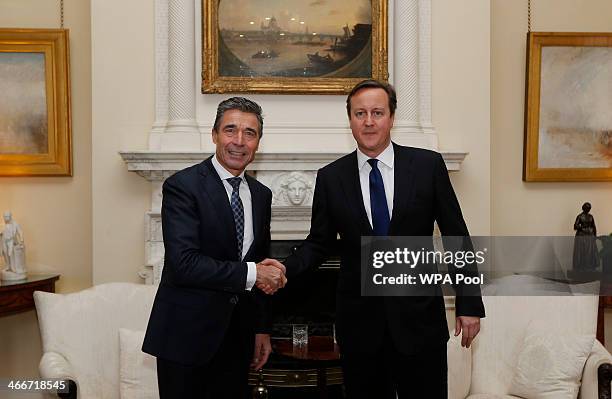 Secretary General Anders Fogh Rasmussen meets with British Prime Minister David Cameron at 10 Downing Street on February 3, 2014 in London, England....