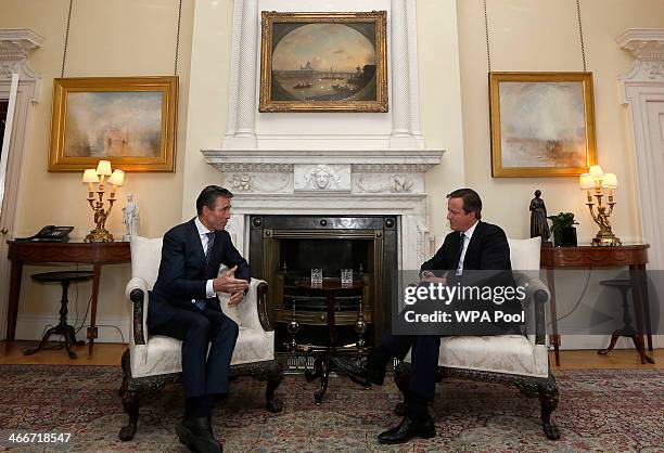 Secretary General Anders Fogh Rasmussen meets with British Prime Minister David Cameron at 10 Downing Street on February 3, 2014 in London, England....