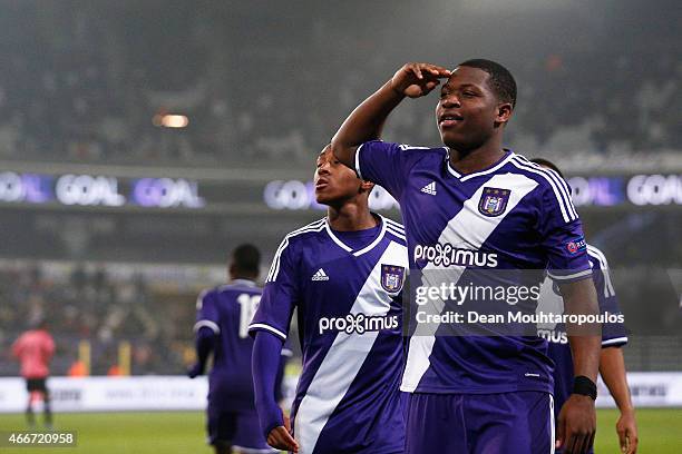 Aaron Leya Iseka of Anderlecht celebrates scoring a goal from the penalty spot completing his hat trick during the UEFA Youth League quarter final...