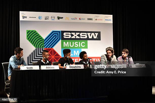 Nigel Smith, Managing Editor of Indiewire, musicians Alec Atkins, Jarad Dawkins and Malcolm Brickhouse of the band Unlocking the Truth, director Luke...