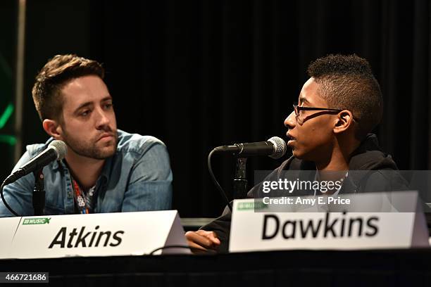 Nigel Smith, Managing Editor of Indiewire and and musician Alec Atkins of the band Unlocking the Truth speak onstage at 'Breaking A Monster:...