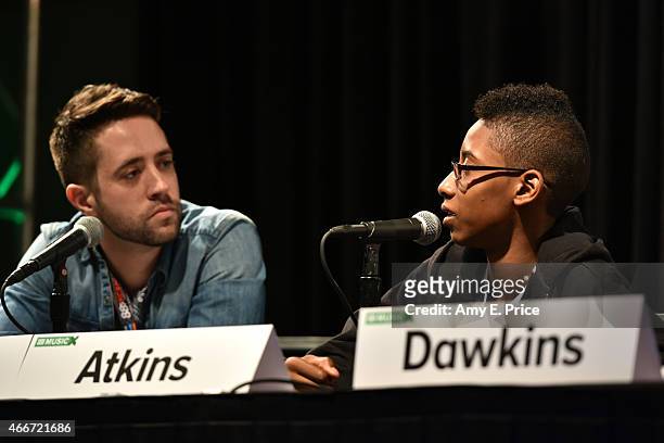 Nigel Smith, Managing Editor of Indiewire and and musician Alec Atkins of the band Unlocking the Truth speak onstage at 'Breaking A Monster:...
