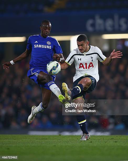 Tammy Abraham of Chelsea tries to tackle Cameron Carter Vickers of during the FA Youth Cup Semi Final Second Leg match between Chelsea v Tottenham...