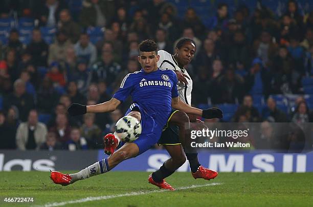 Dominic Solanke of Chelsea scores a goal during the FA Youth Cup Semi Final Second Leg match between Chelsea v Tottenham Hotspur at Stamford Bridge...